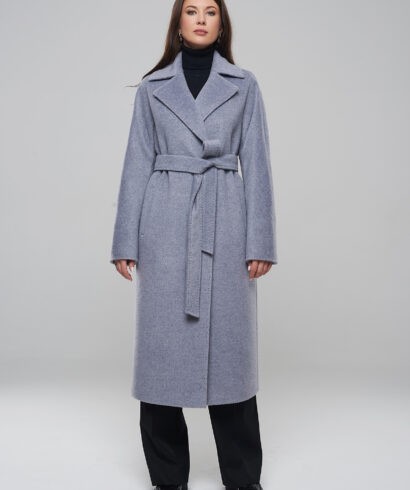 Серо-голубое женское пальто из натуральной шерсти